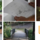 Suite of images of playground equipment, planning documents, road infrastructure, computer keyboard and a bridge