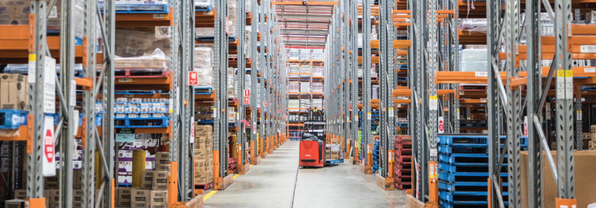 warehouse with pallet racking and forklift