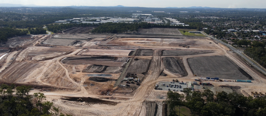 Aerial photo of land cleared at Crestmead for future industrial estate