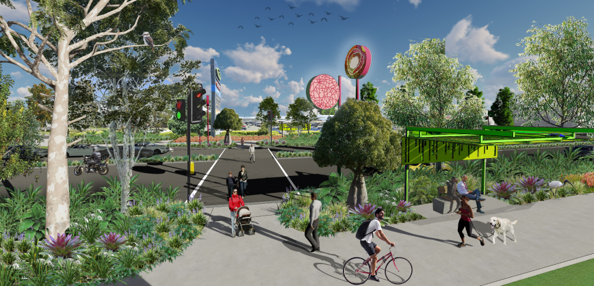 Artists impression of Loganlea Road with trees and artwork.