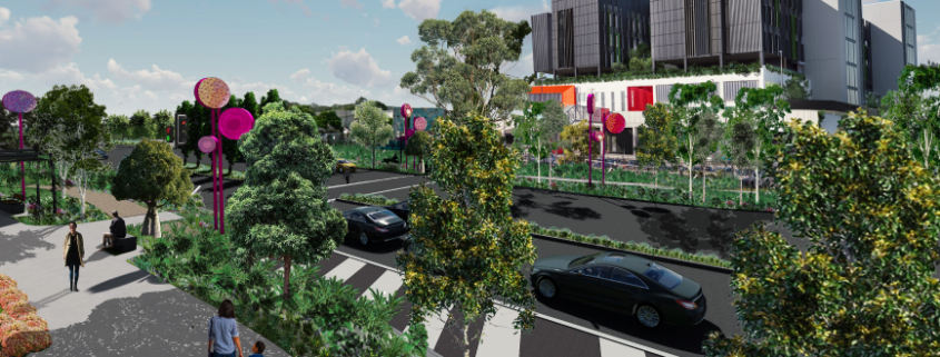 Artists impression of Loganlea Road with trees, artwork and upgraded hospital in the background