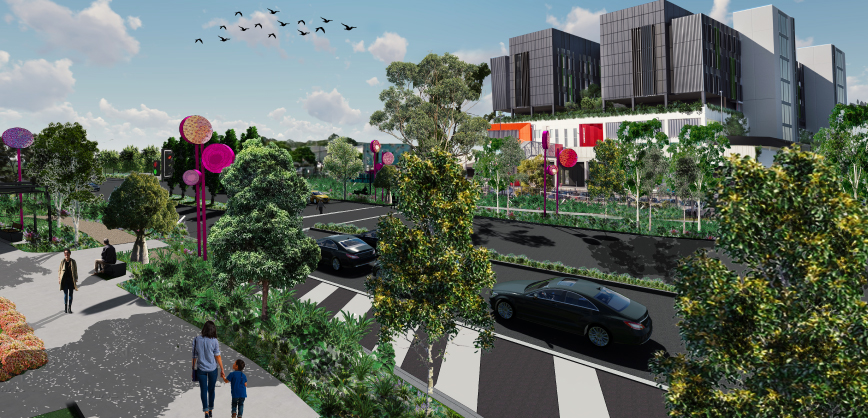 Artists impression of Loganlea Road with trees, artwork and upgraded hospital in the background