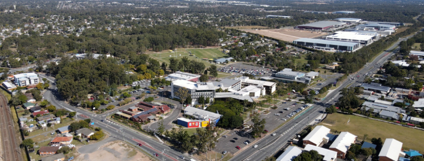Aerial shot of Logan Central, with Berrinba in the background