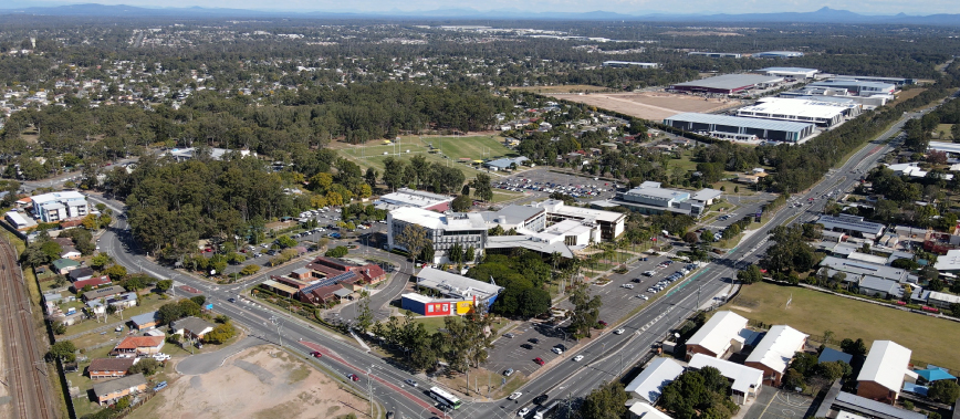 Aerial shot of Logan Central, with Berrinba in the background