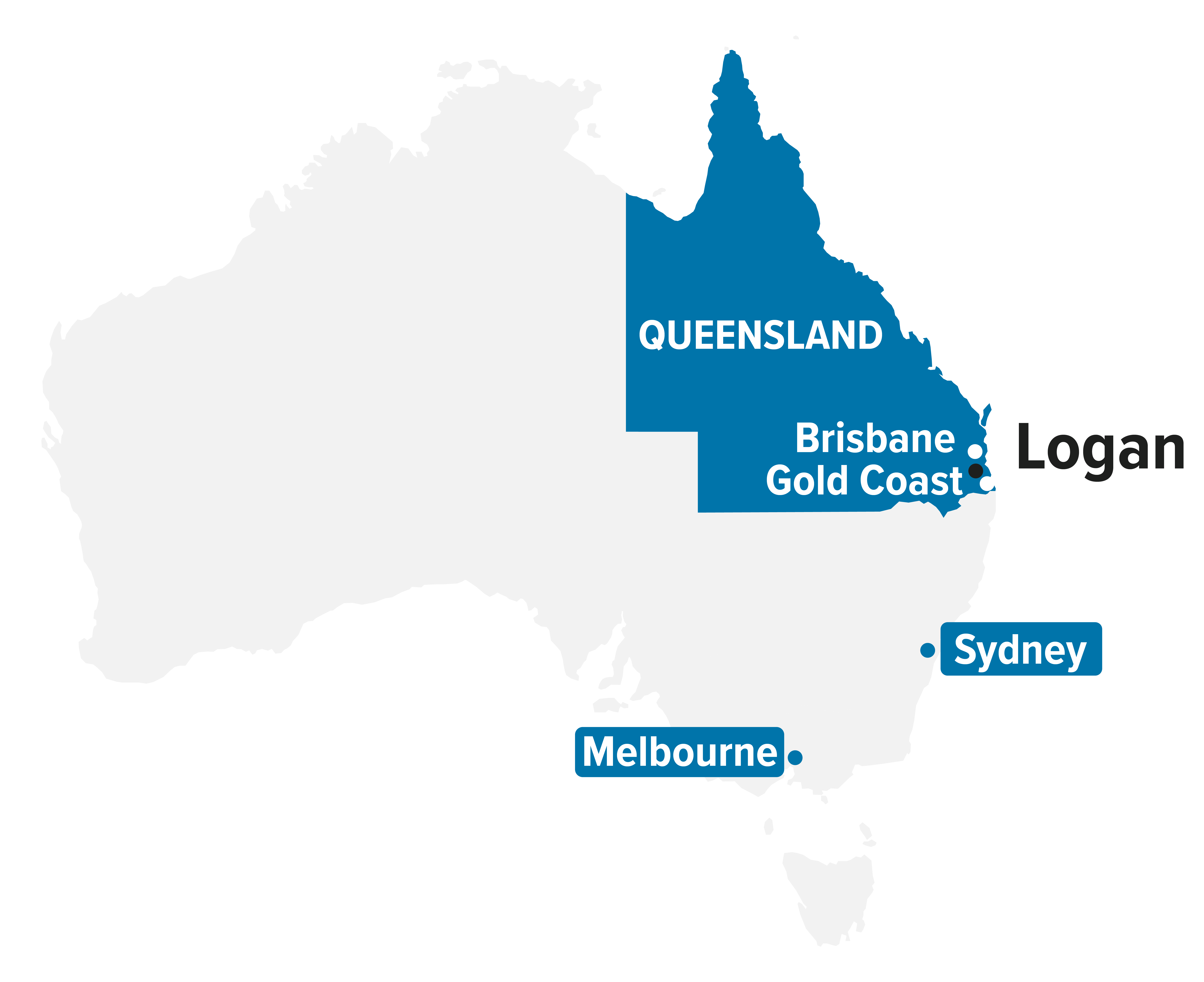 Map of Australia highlighting Queensland and position of Logan in South East corner