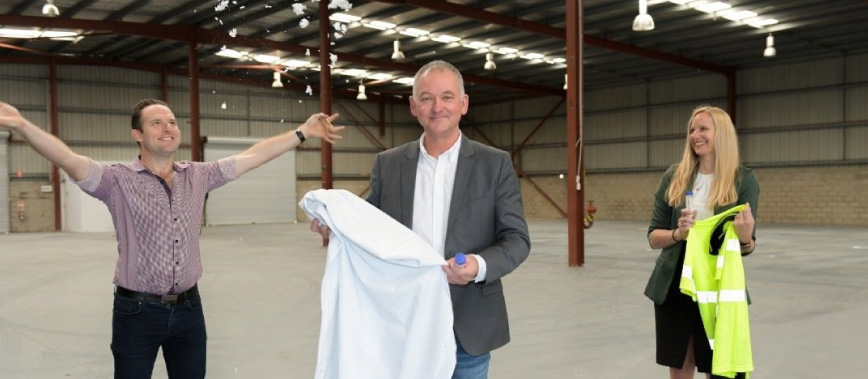 Deputy Mayor Jon Raven with BlockTexx co-founder Graham Ross and local Councillor Miriam Stemp at the company's new headquarters in Loganholme.