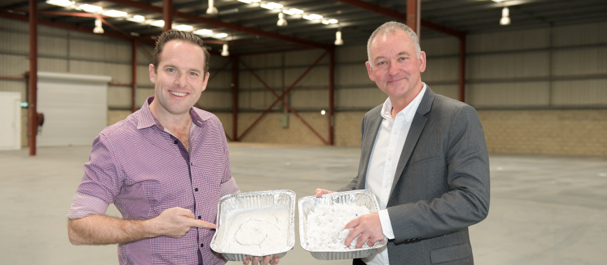 Deputy Mayor Jon Raven with BlockTexx co-founder Graham Ross and samples of recycled fabric