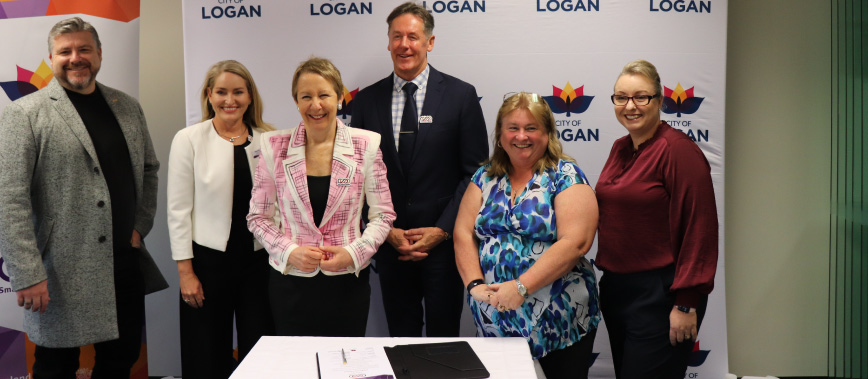 Logan Chamber President Stewart Fleming, Small Business Commissioner Maree Adshead, Minister for Employment and Small Business Di Farmer, Mayor Darren Power, Logan Regional Chamber President Chyerl Pridham, Beenleigh Yatala Chamber President Kerrie Saverin, signing the Small Business Friendly Council charter