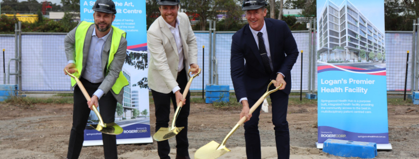 Niclin Group’s Managing Director Nick Cave, Rogerscorp Director Simon Rogers, and Mayor Darren Power turn the sod at Springwood Health Hub