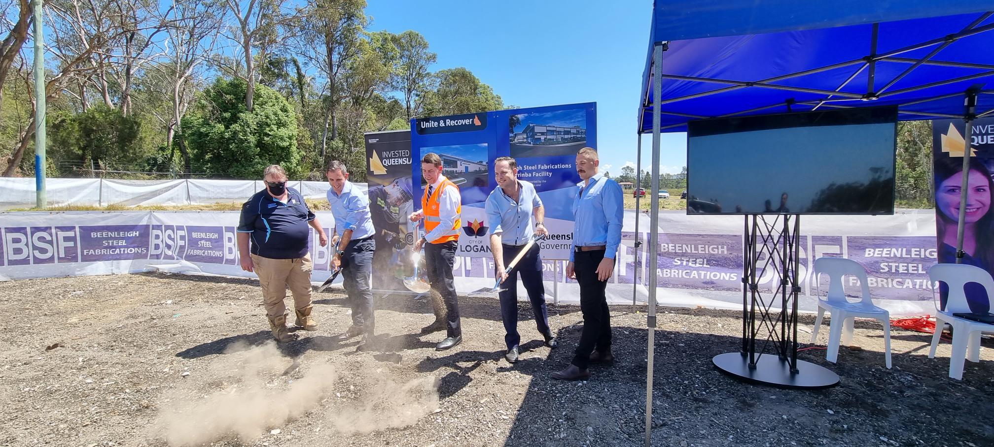 BSF Director Frank Boyes, federal Shadow Treasurer Jim Chalmers, Queensland Treasurer Cameron Dick, Logan Deputy Mayor Jon Raven & BSF Director Anthony Stoeckert turning sod