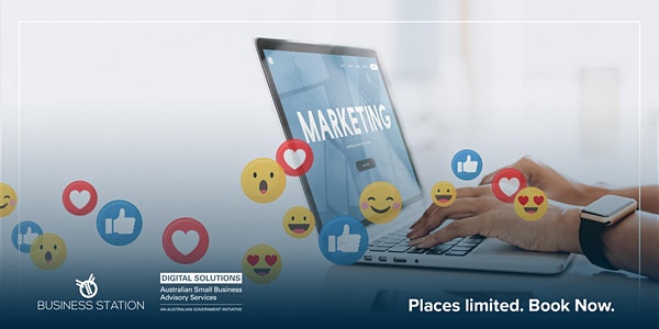 Image_Social Media icons on screen and a marketer using a laptop