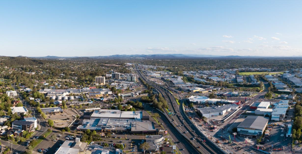 Drone photo of Springwood, Underwood and Slacks Creek along M1 Motorway