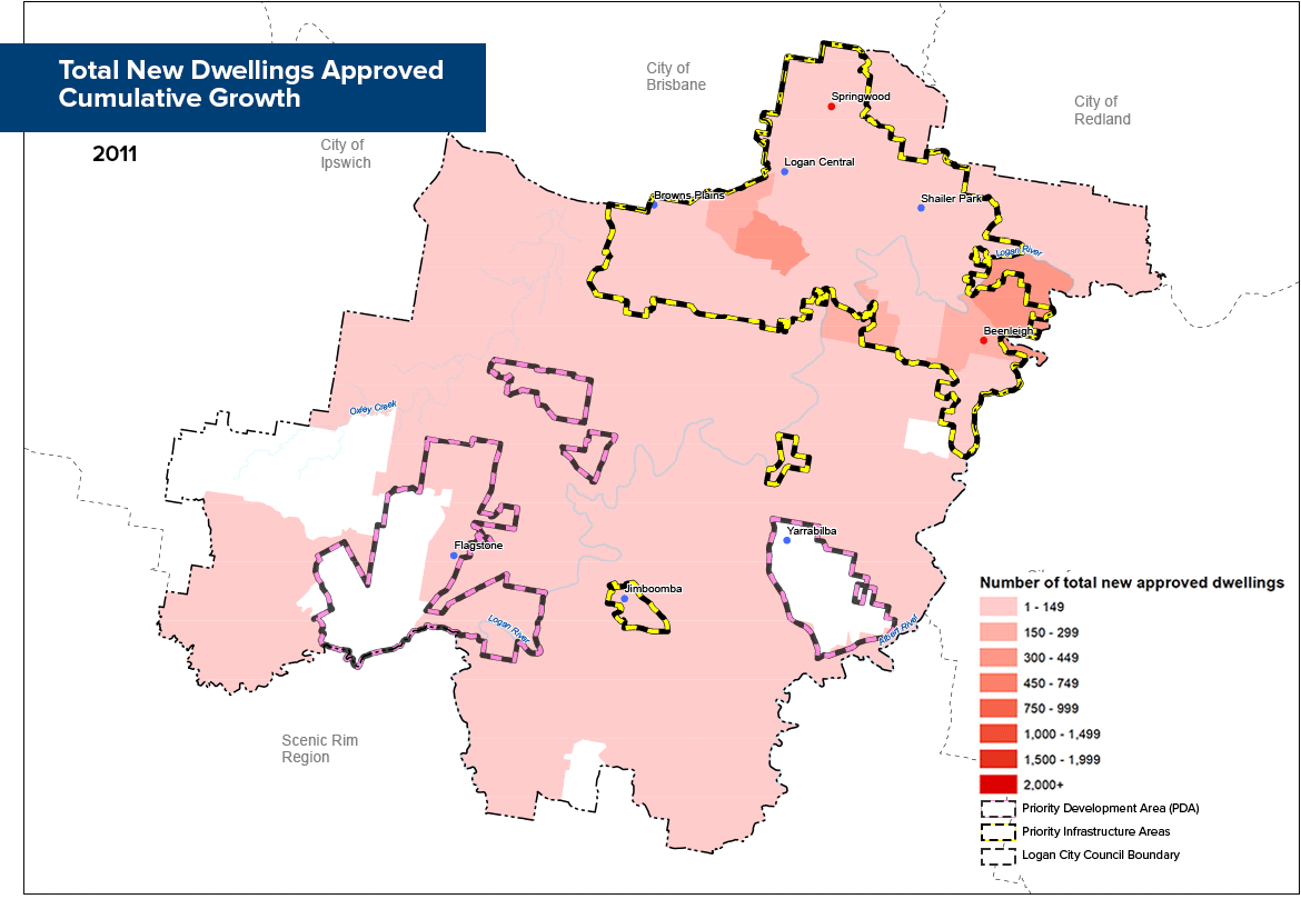 Map showing total new dwellings approved accumulative growth in Logan