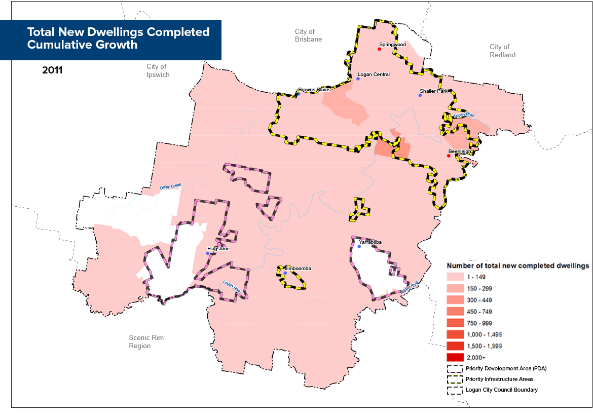 Map showing total new dwellings completed accumulative growth in Logan