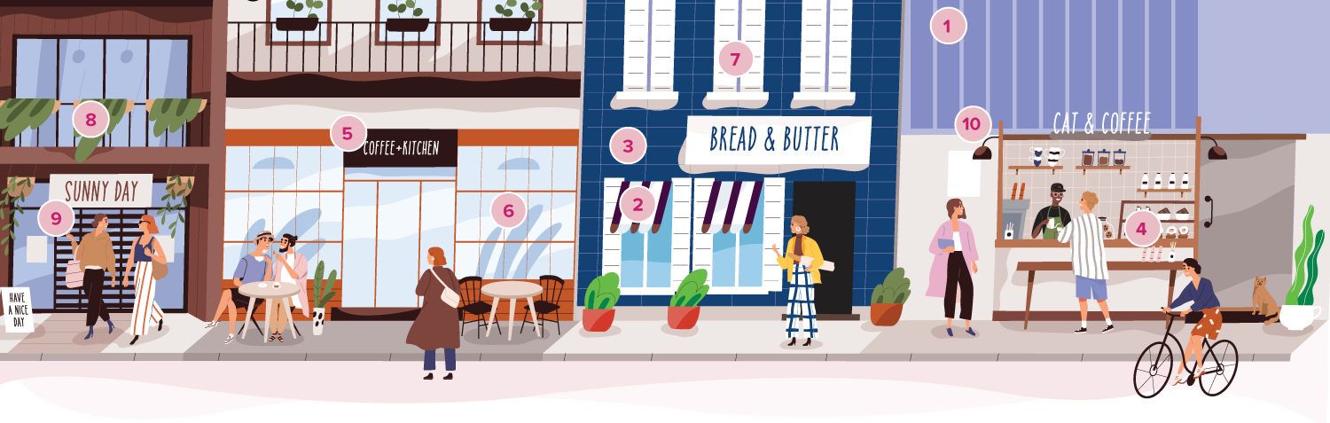 infographic vector of shops with number markers to show types of works