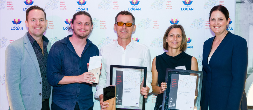 Logan Urban Design Awards 2023 Overall Winners Habitat on Juers with Councillor Raven and Councillor Willcocks
