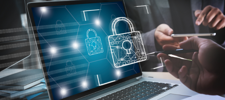 lock icon floating with a laptop in the background