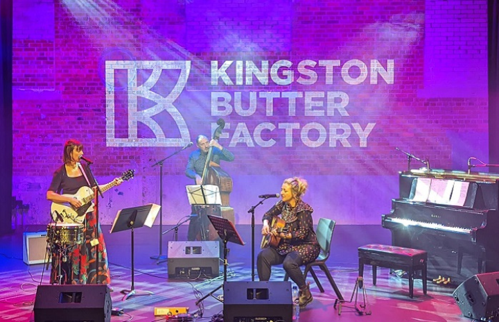 Emma Bosworth, Dr Robert Davidson and Jackie Marshall performing songs from the HEART project in the Butterbox Theatre, Kingston Butter Factory Cultural Precinct. This project was supported by the Regional Arts Development Fund, a partnership between the Queensland Government and Logan City Council to support local arts and culture in regional Queensland.