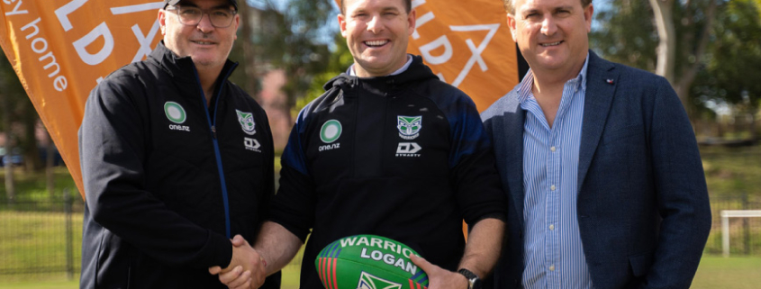 CEO of the New Zealand Warriors Cameron George, Logan Mayor Jon Raven, and Ausbuild Managing Director Matt Bell.